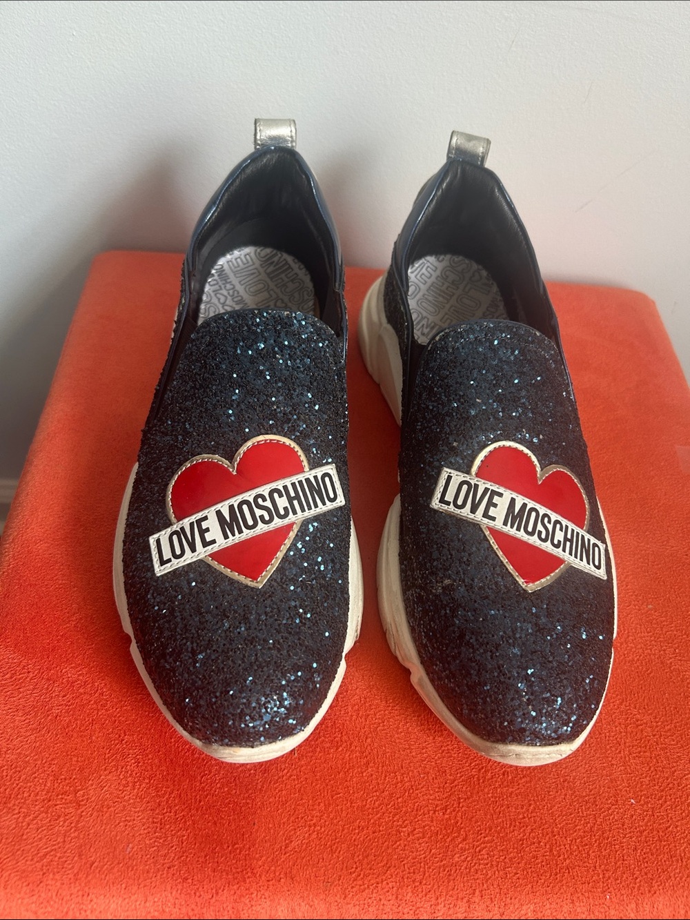 Love Moschino Black Glitter Slip-On Sneakers with Red Heart Logo